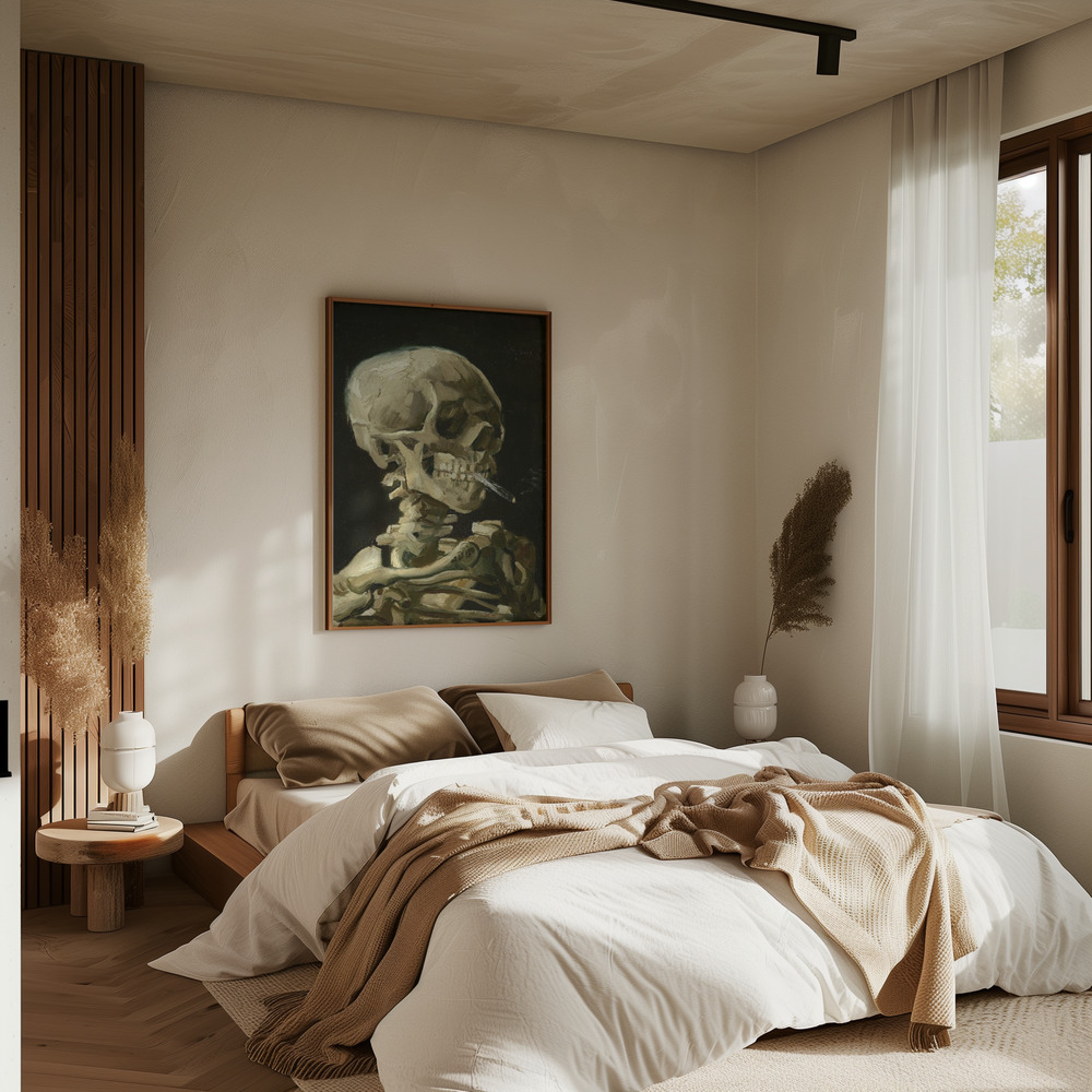 Poster - Head of a skeleton with a burning cigarette in bedroom