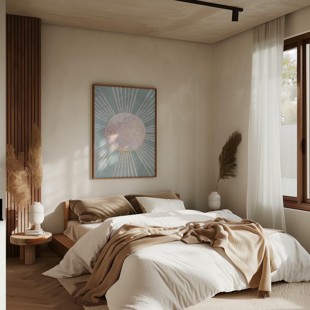Poster - Sage Green Boho Sun Rays in bedroom