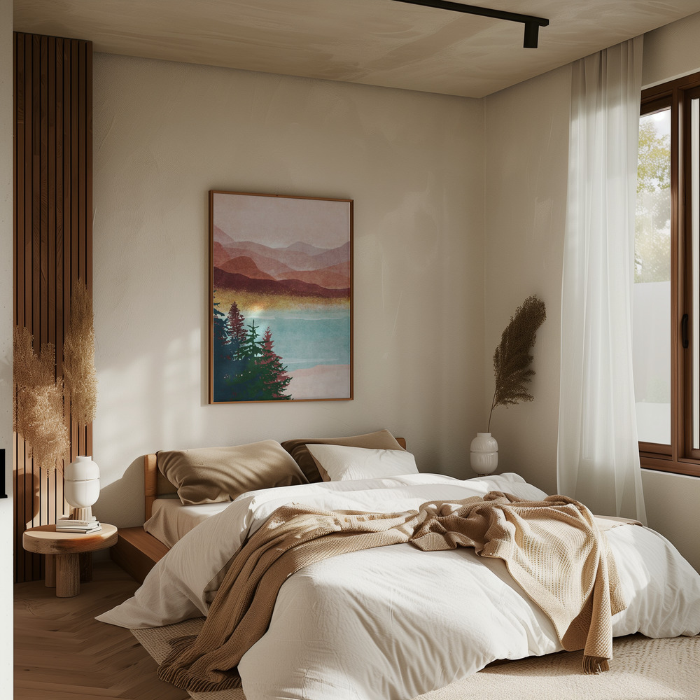 Poster - Misty Mountain Glow in slaapkamer