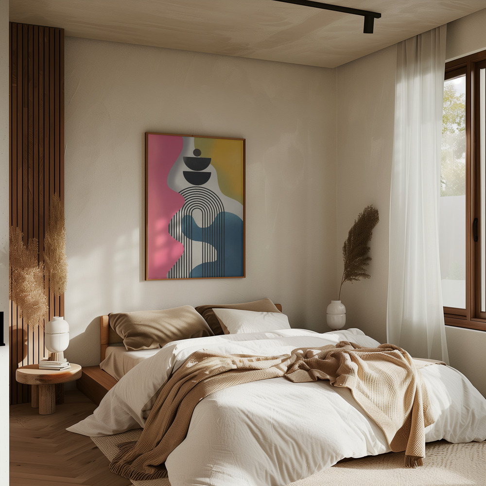 Juliste - Mid Century Geometric Tricolor makuuhuoneessa