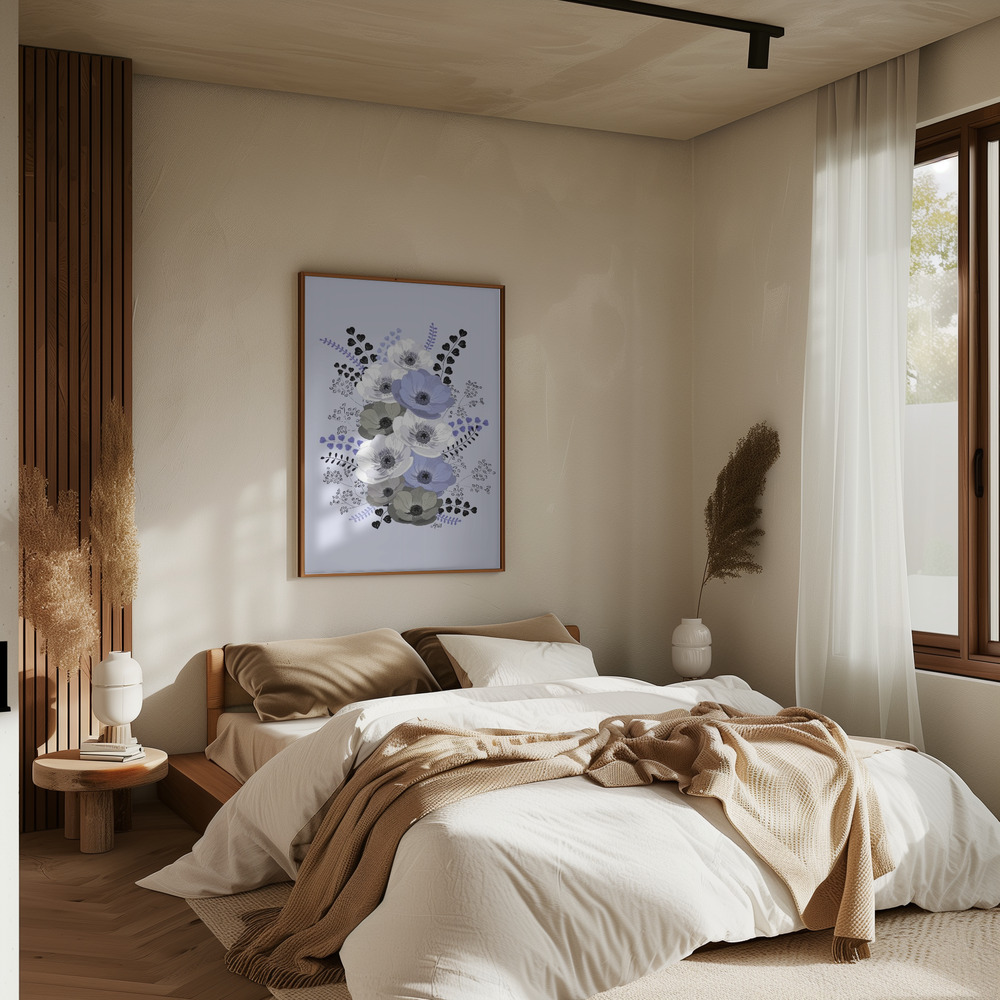 Juliste - Anemones Floral Bouquet Blue makuuhuoneessa