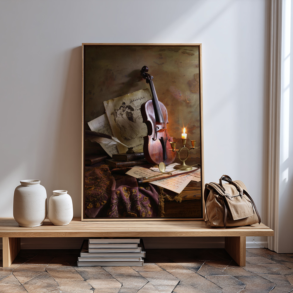 Lienzo - Still life with violin in guest room