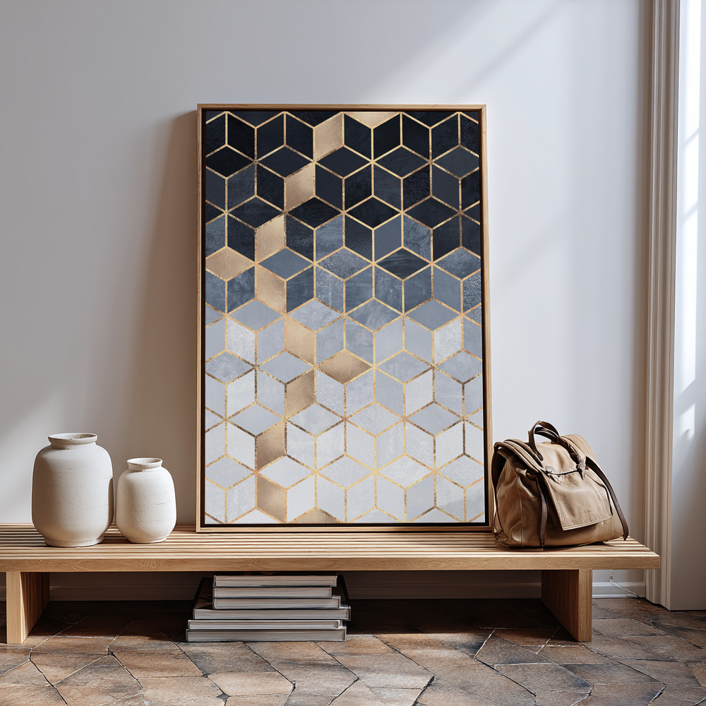 Lærred - Soft Blue Gradient Cubes in guest room