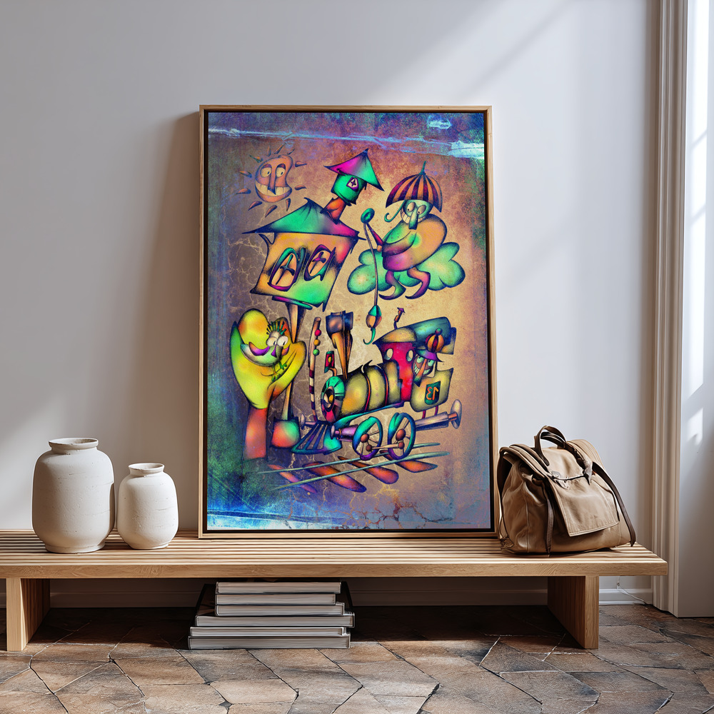 Canvas print - The umbrella man catches the locomotive in guest room
