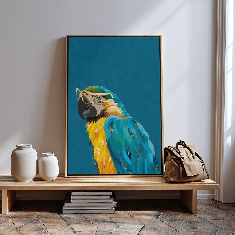 Canvas print - Vibrant macaw wearing glasses in guest room
