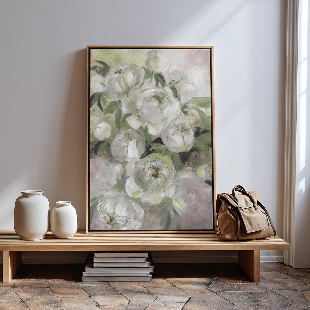 Canvas schilderi - Sady painterly florals in green bij de ingang