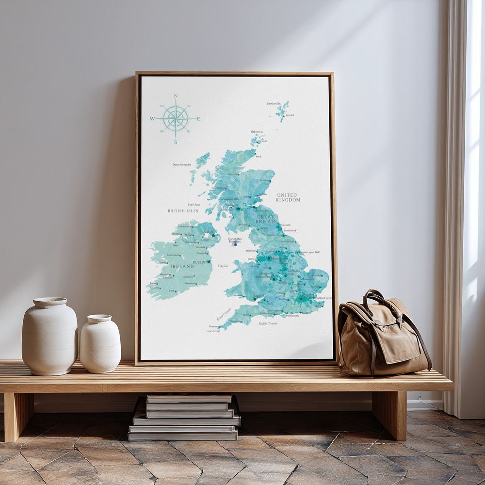 Canvas schilderi - Aquamarine watercolor map of the United Kingdom bij de ingang
