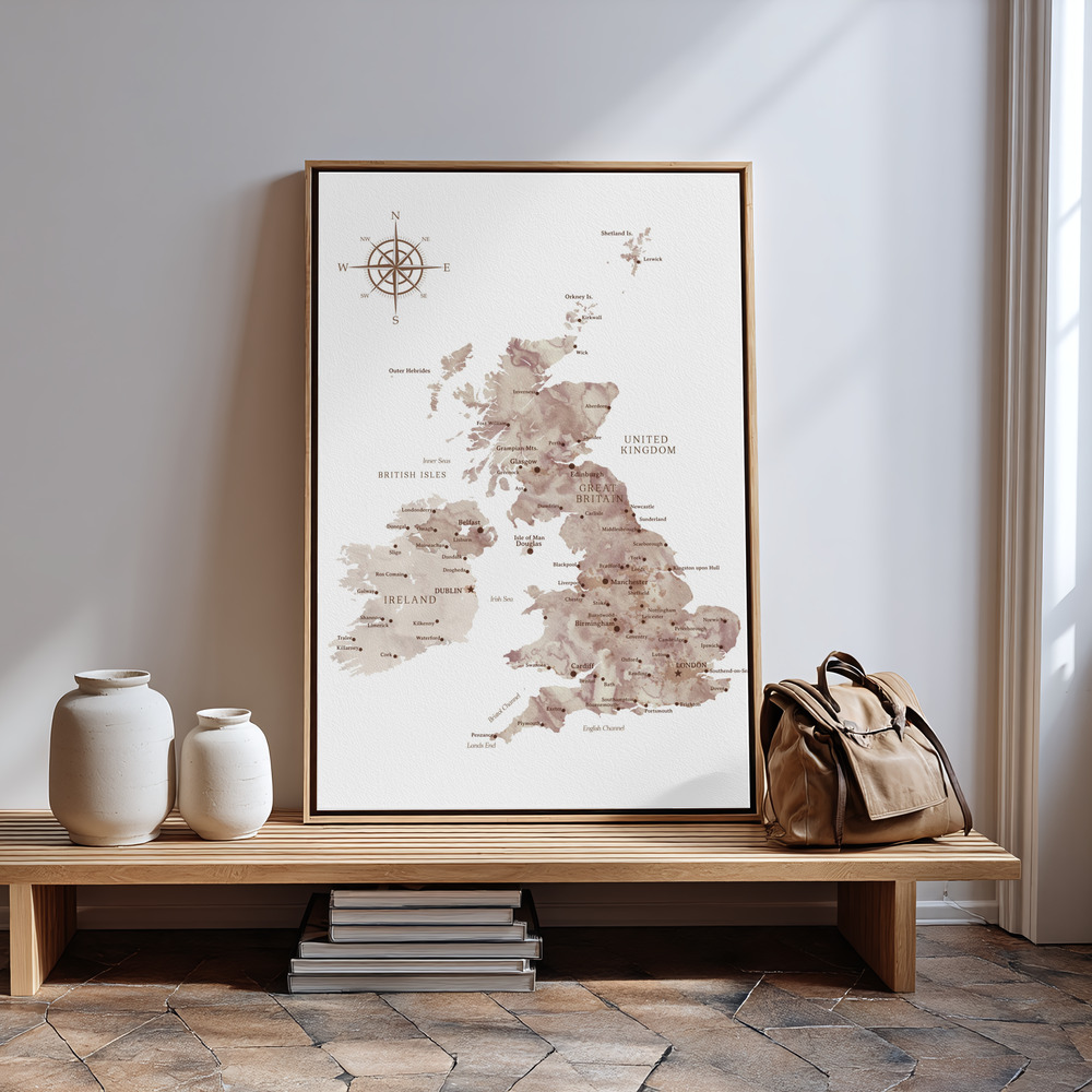 Canvas print - Taupe map of the United Kingdom in guest room