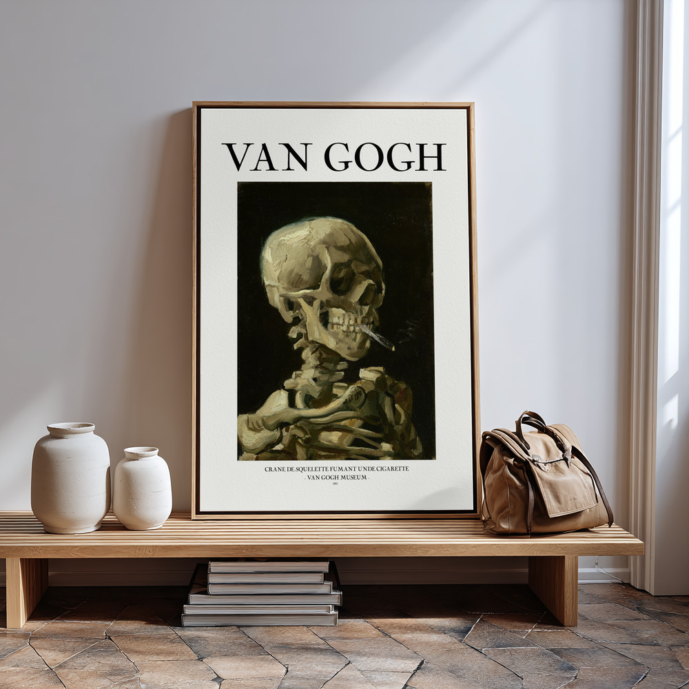 Canvas schilderi - Head of a skeleton with a burning cigarette in guest room