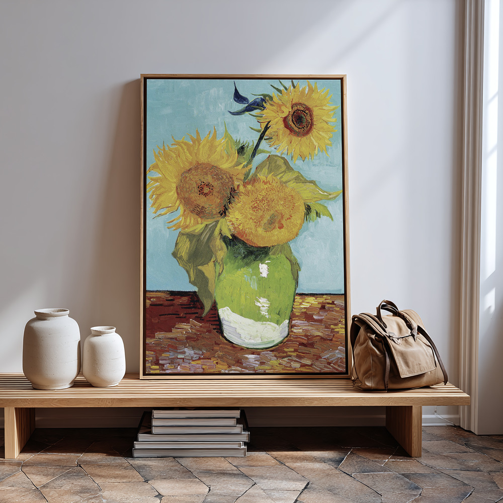 Obraz na płótnie - Vase With Three Sunflowers in guest room