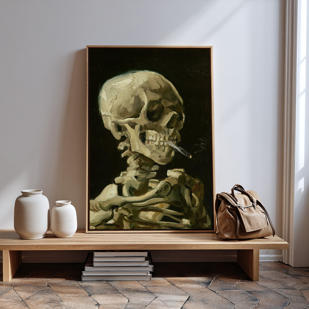 Canvas schilderi - Head of a skeleton with a burning cigarette in guest room