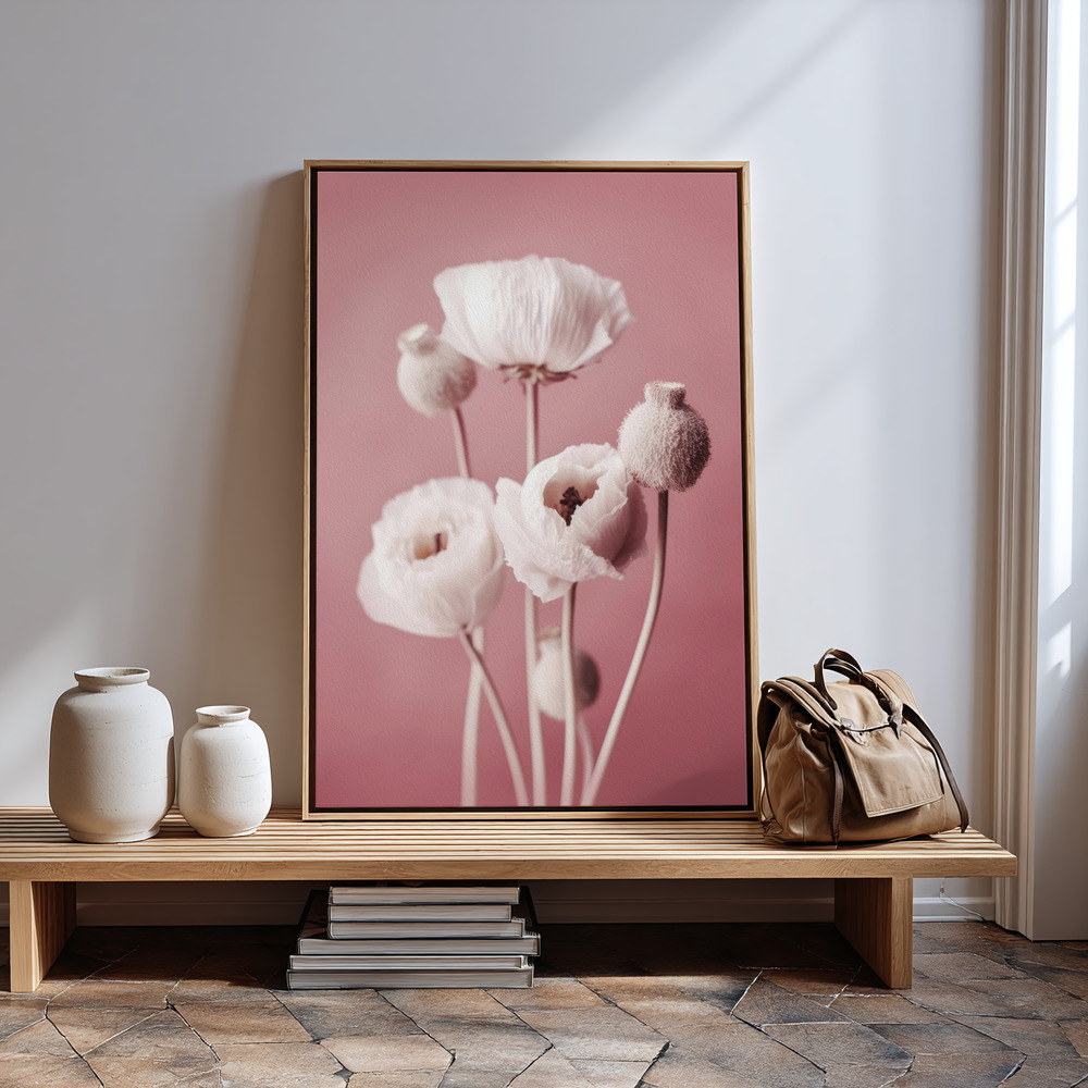 Toile - White Poppy On Pink Background à l'entrée