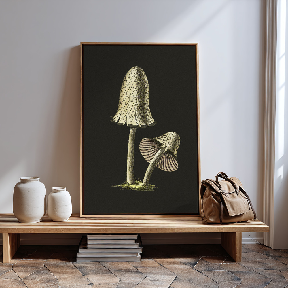 Canvas print - Vintage Inky Cap Edible Mushroom Black Background by the entrance