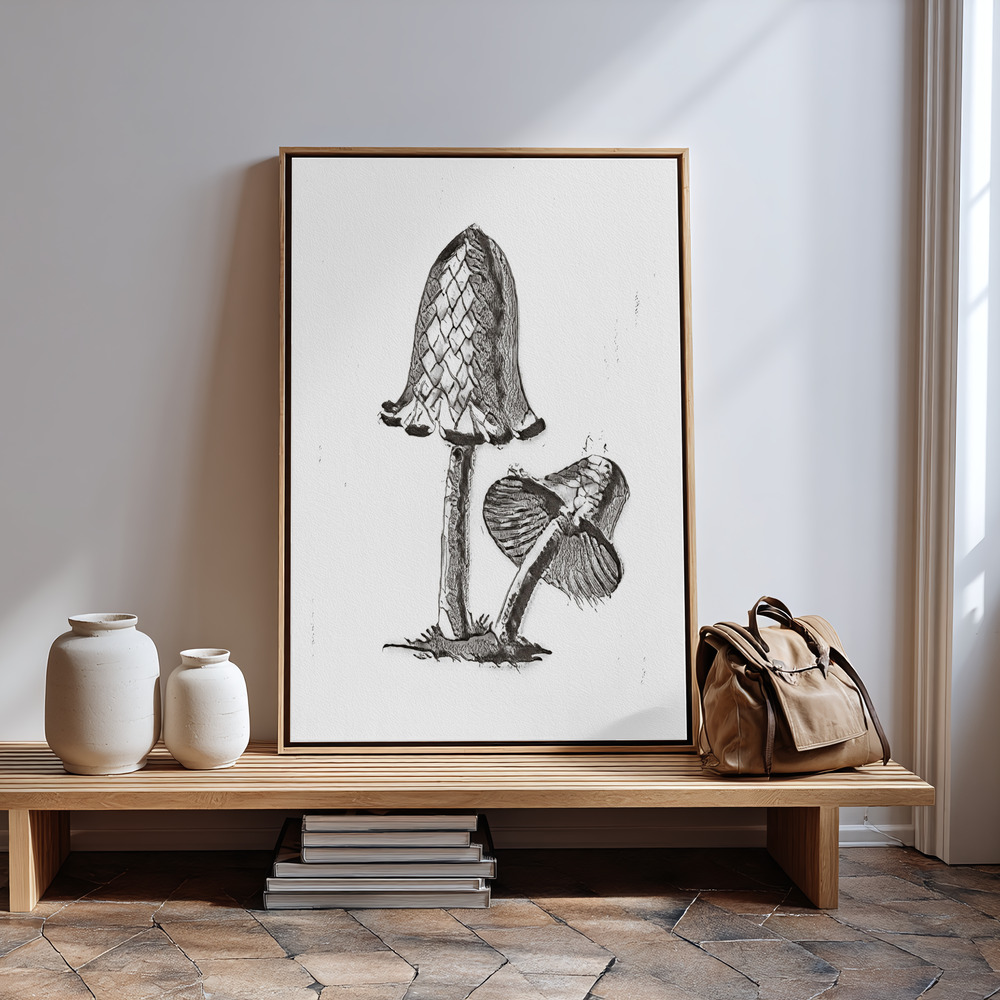 Canvas print - Vintage Inky Cap Edible Mushroom BW Bright by the entrance