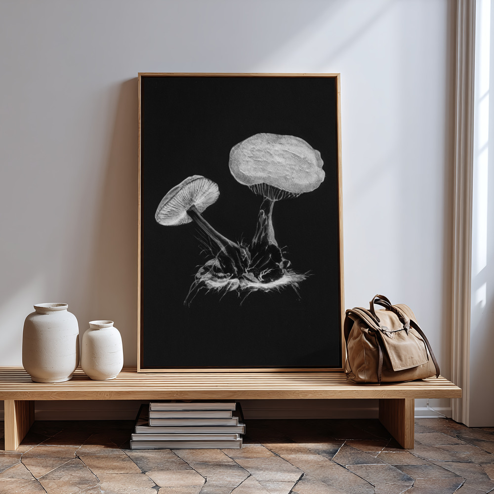 Canvas print - Vintage Violet Webcap Mushroom Dark BW by the entrance