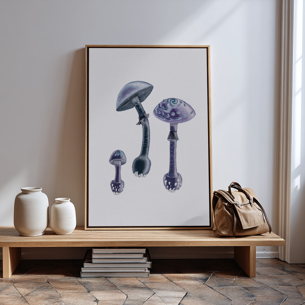 Stampe su tela - Amanita Muscaria White Backgound Purple vicino all'ingresso