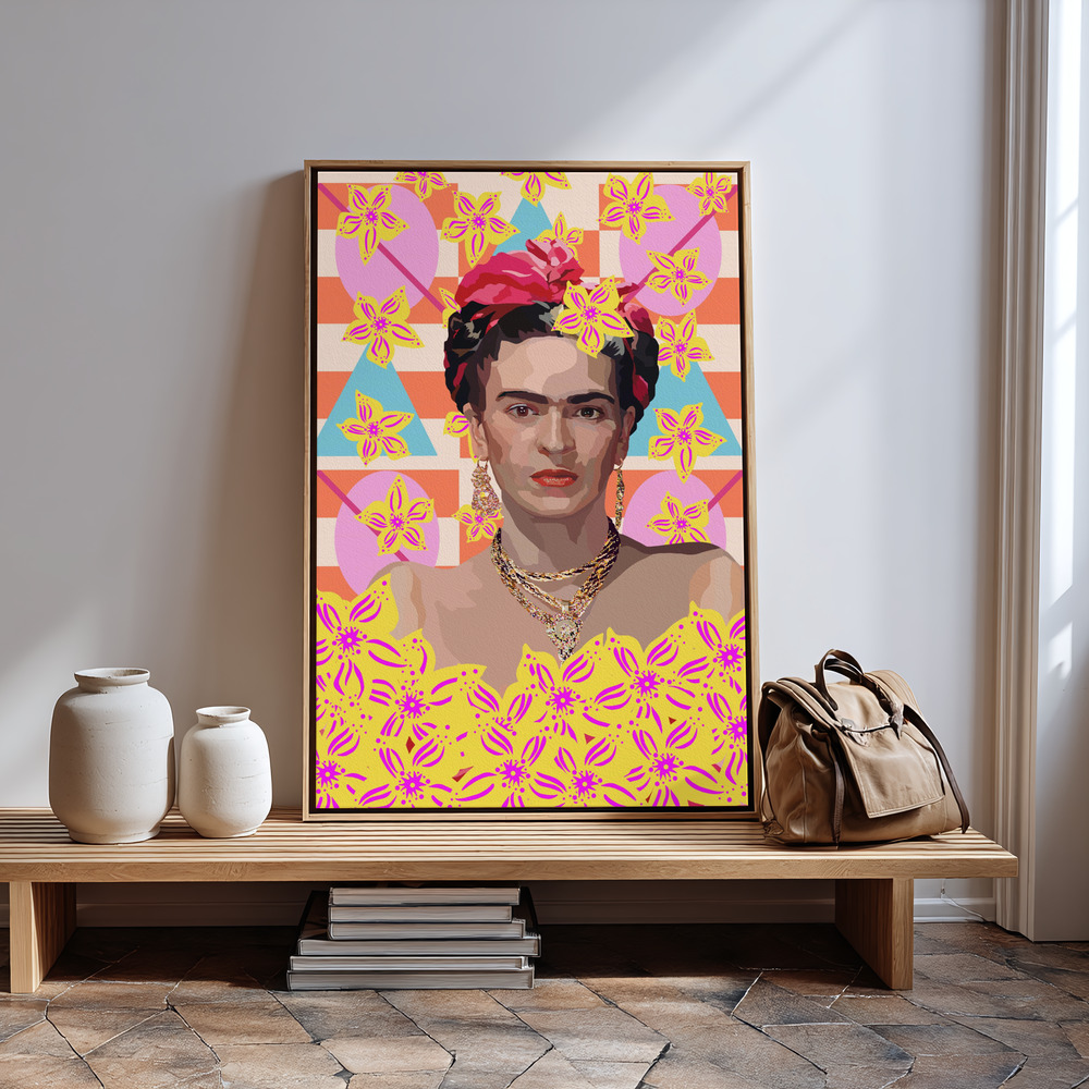 Canvas print - Frida with flowers by the entrance