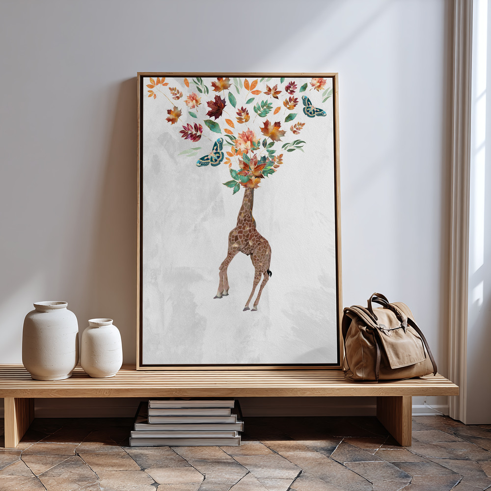 Canvas schilderi - Giraffe Autumn Leaves Head bij de ingang