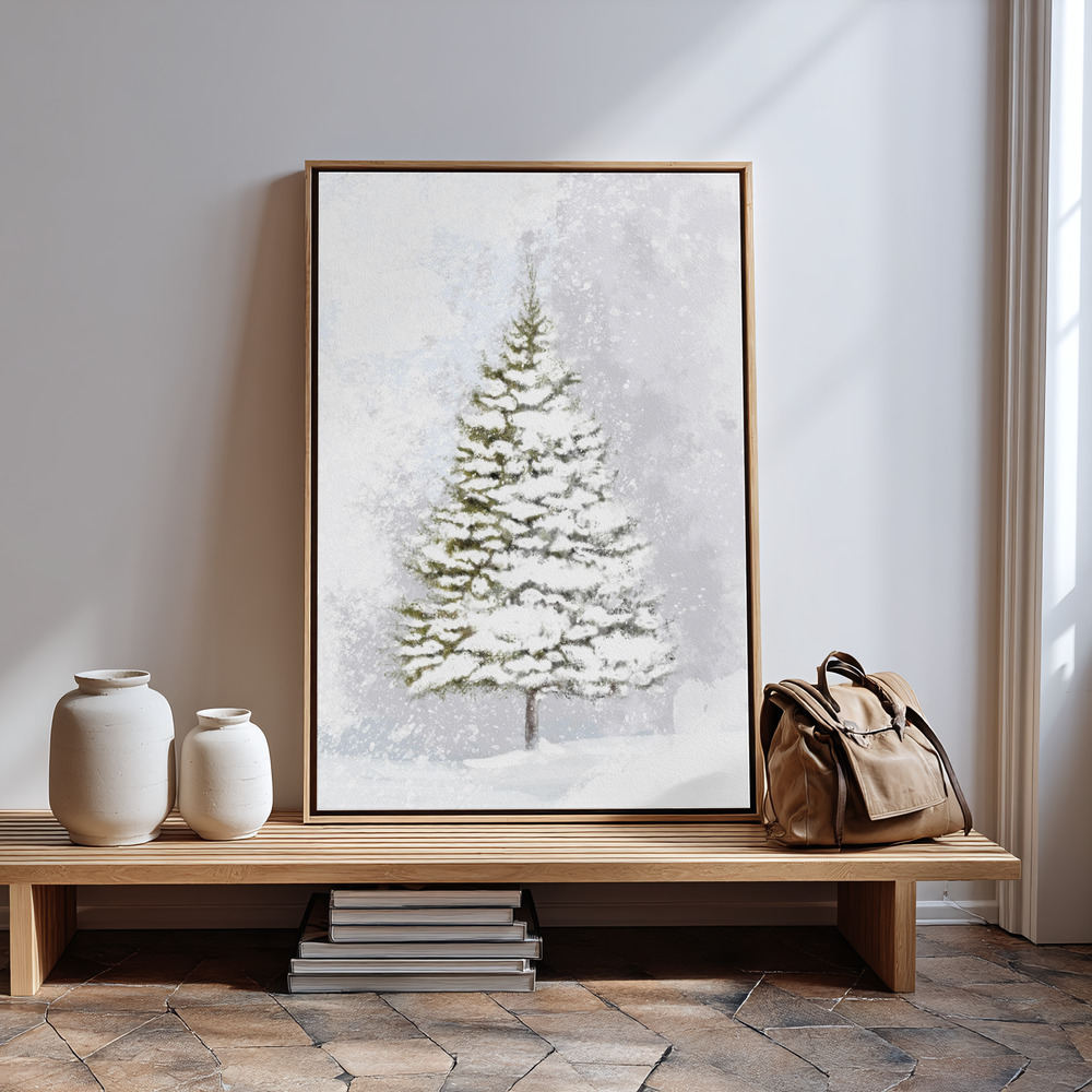 Canvas taulu - Lone fir in the snow sisäänkäynnin luona