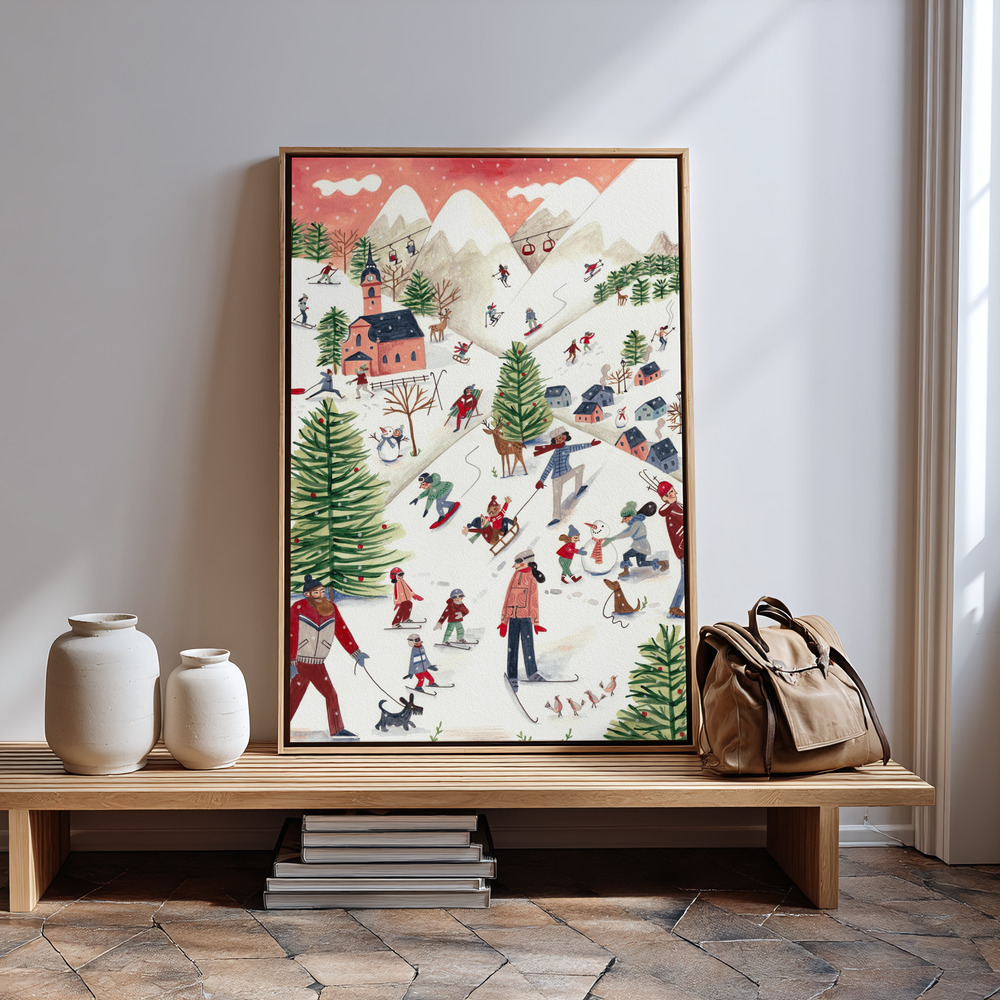Canvas print - Mountain landscape with houses in the snow in guest room