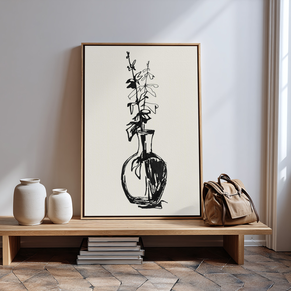 Leinwandbild - Leaves in a vase ink sketch in guest room