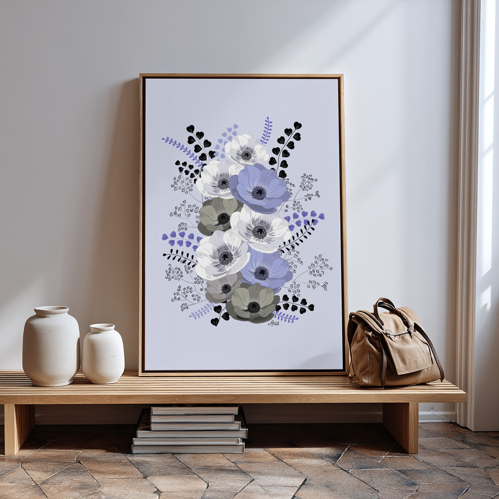 Canvas print - Anemones Floral Bouquet Blue in guest room