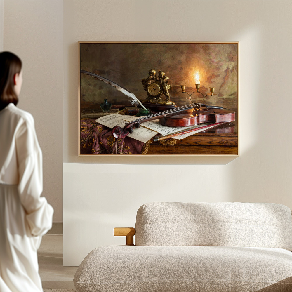 Canvas print - Still life with violin and clock in the hall