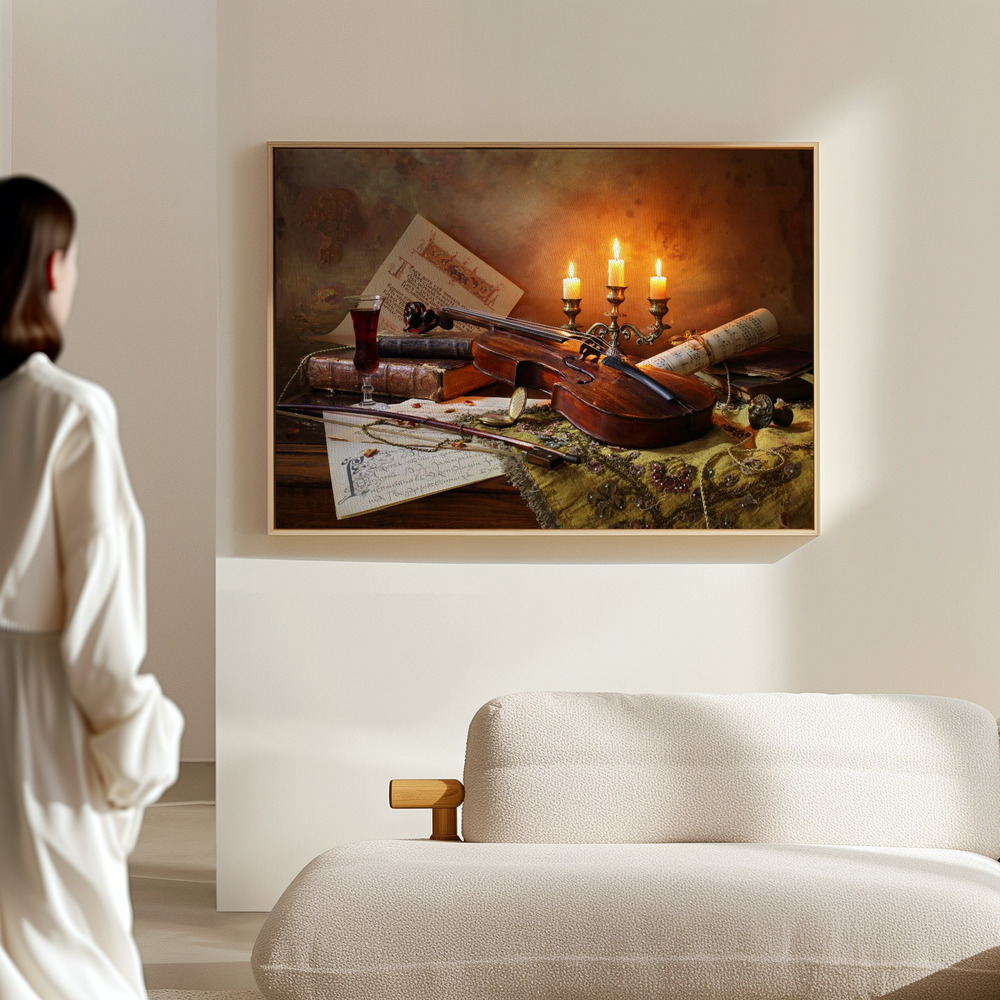 Canvas print - Still life with violin and candles in the hall