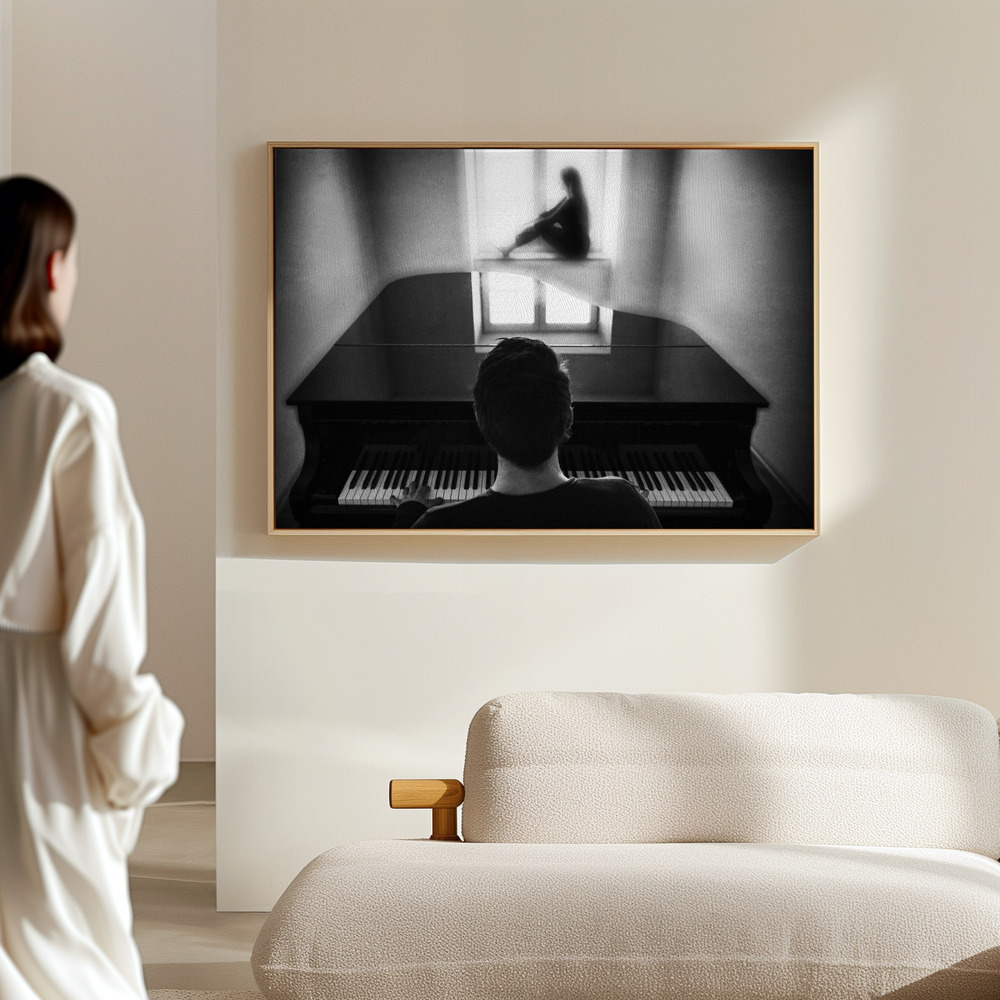Canvas print - The pianist and his muse in the hall