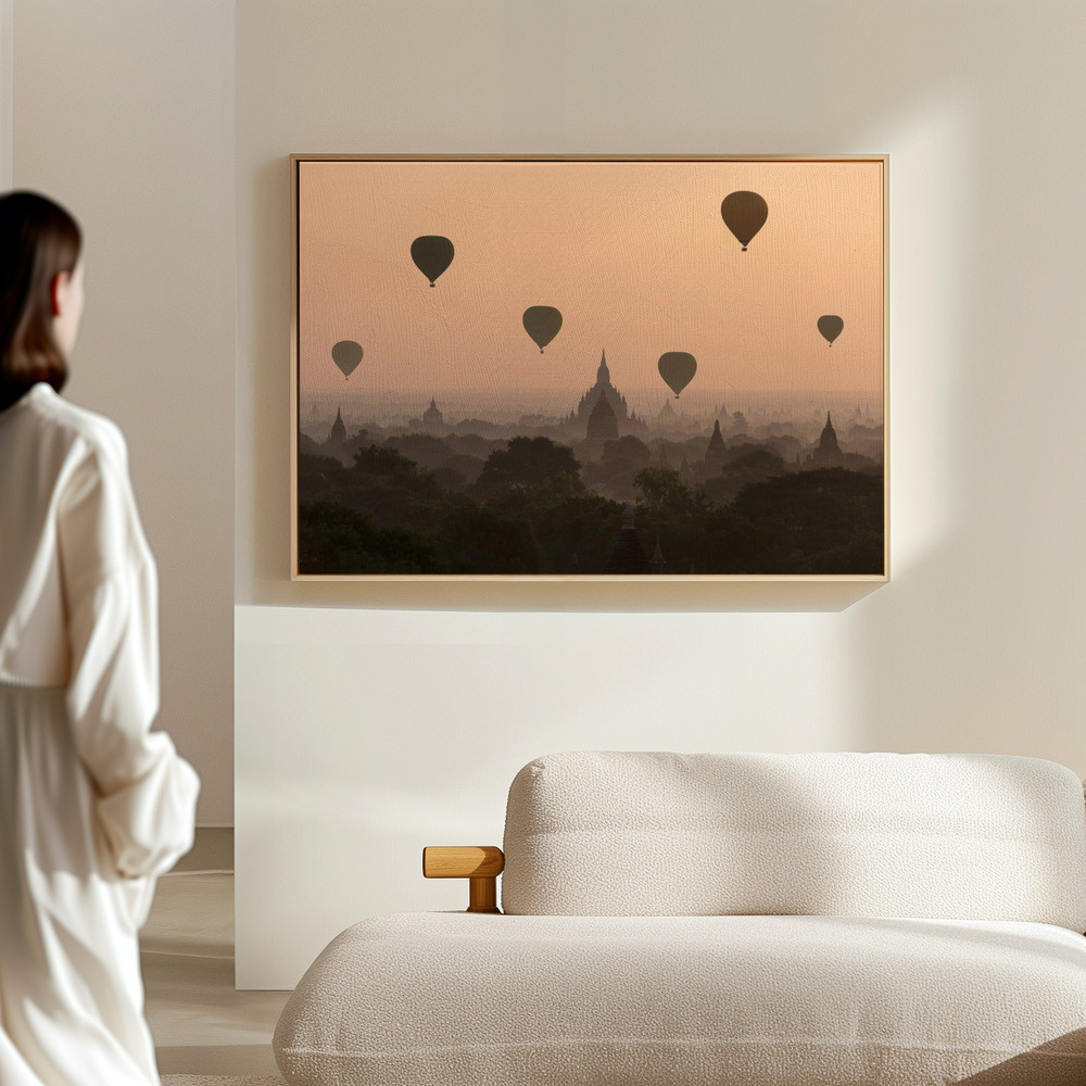 Canvas print - Bagan, balloons flying over ancient temples in the hall