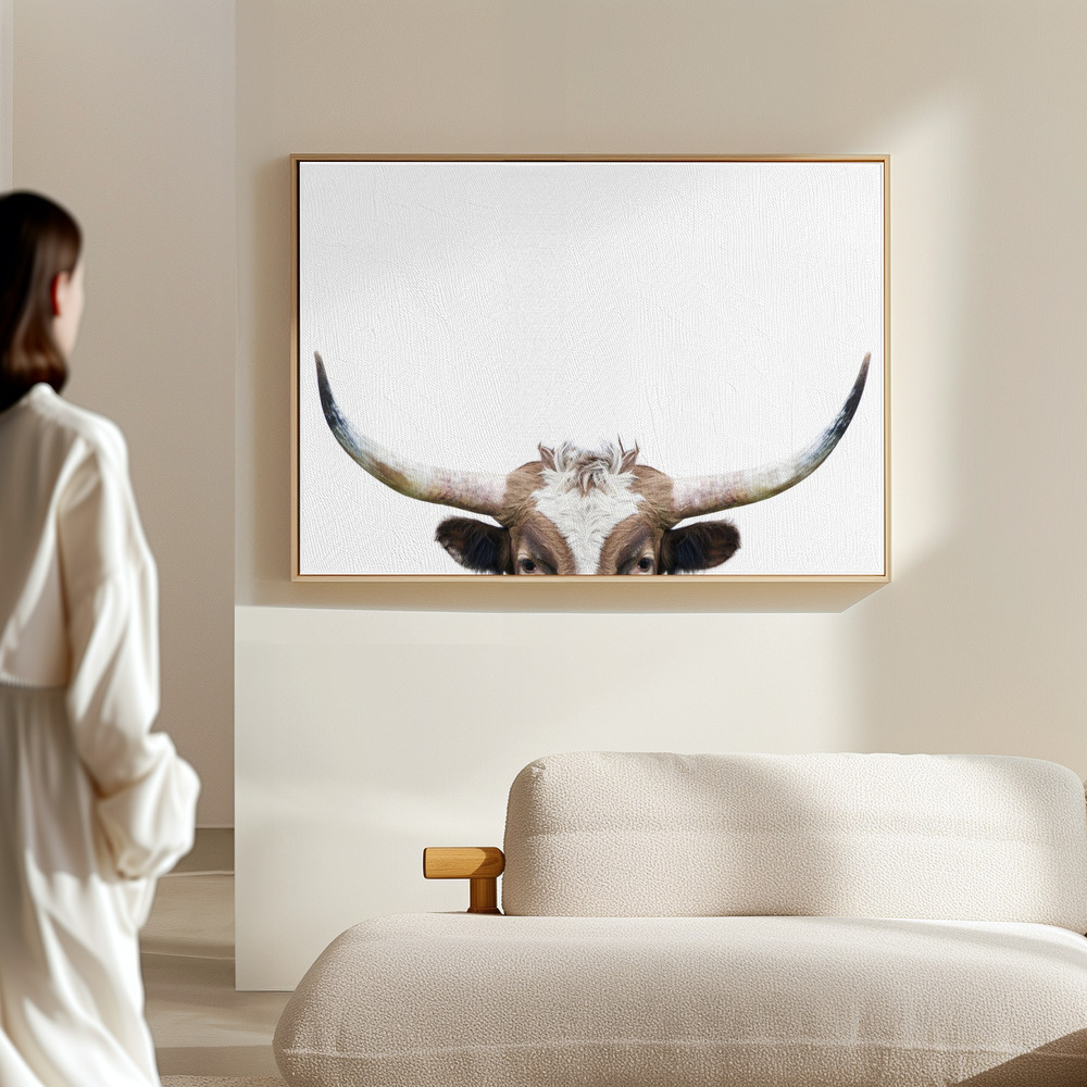 Canvas print - Peeking Longhorn Cow in the hall