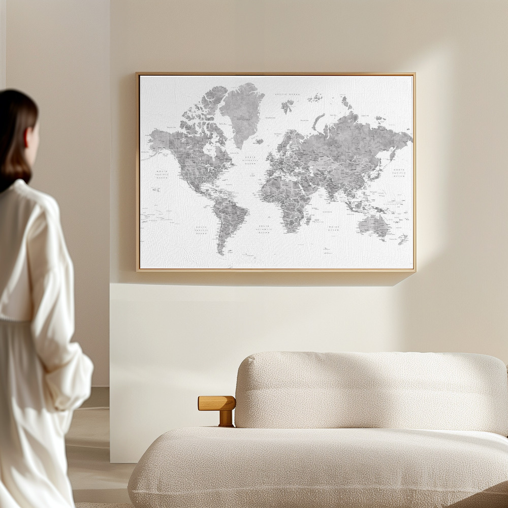 Canvas print - Detailed world map with cities, Jimmy in the hall