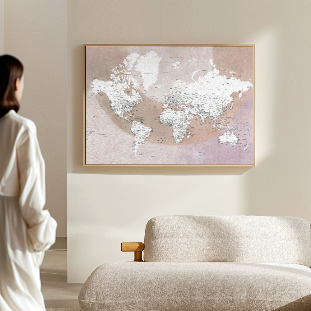 Canvas print - Detailed world map with cities Qawi in the hall
