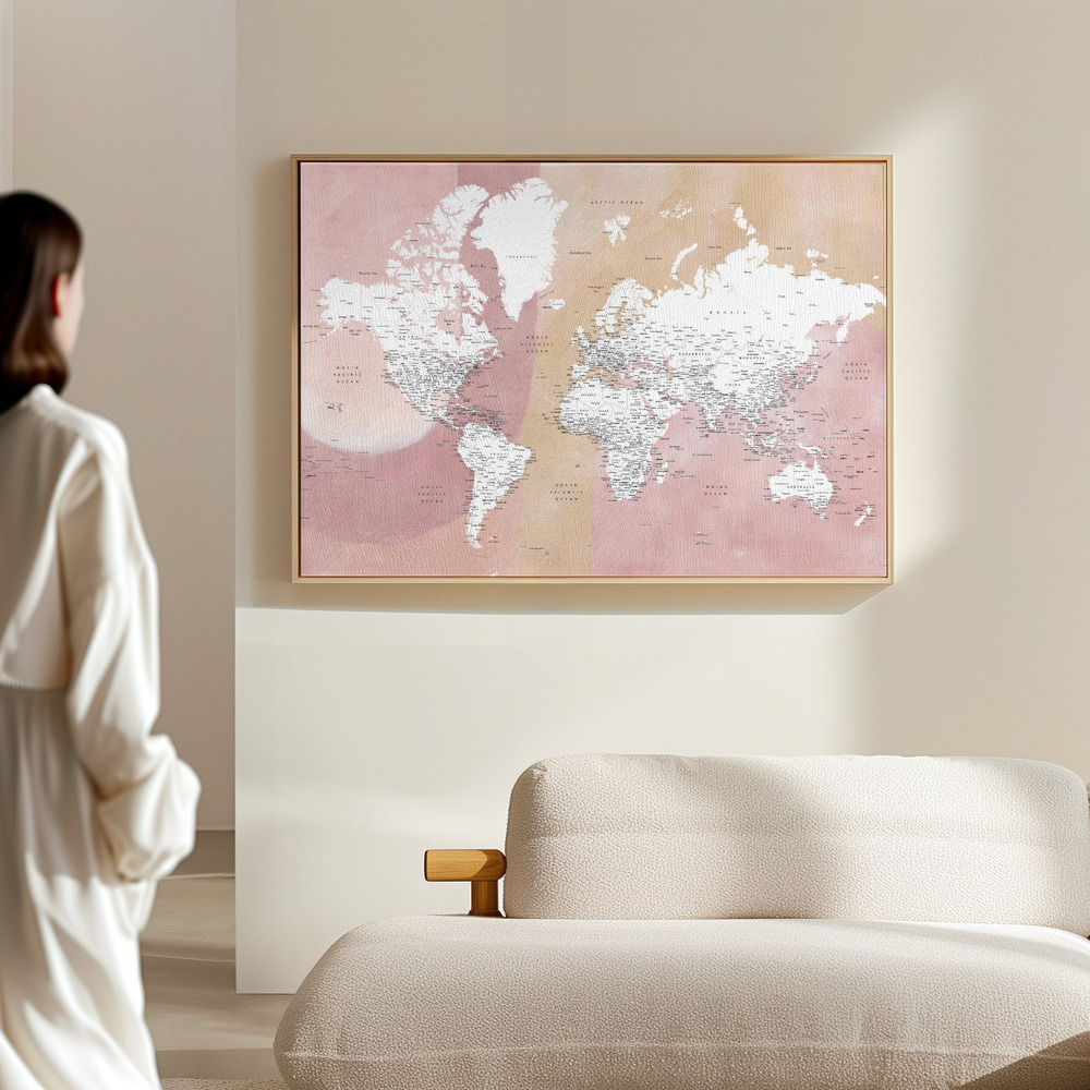 Canvas schilderi - Detailed world map with cities Mizn in de hal