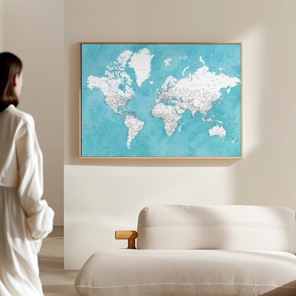 Canvas schilderi - Detailed world map with cities Idrak in de hal