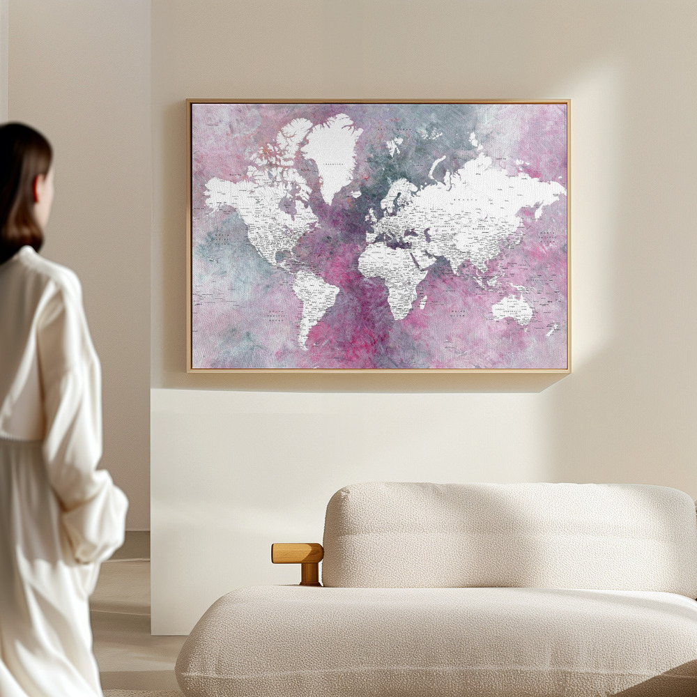 Canvas print - Detailed world map with cities Taliessa in the hall