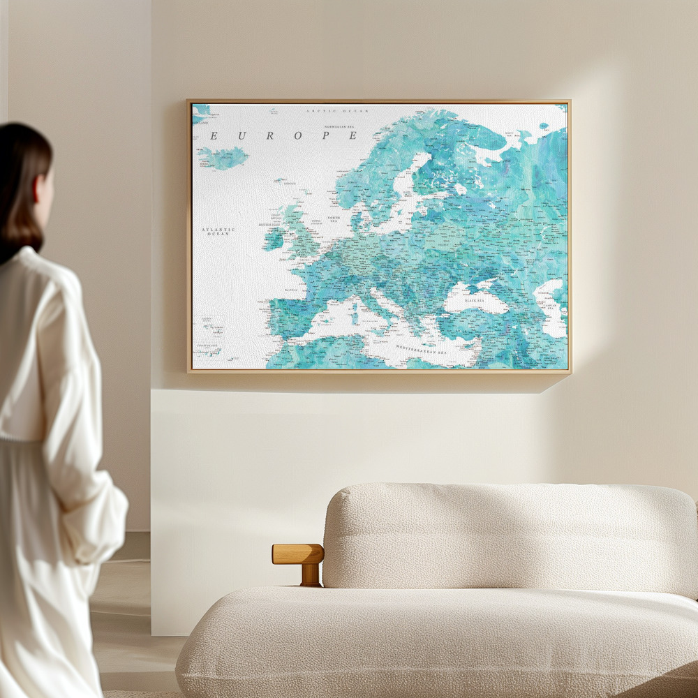Toile - Aquamarine detailed map of Europe dans le hall