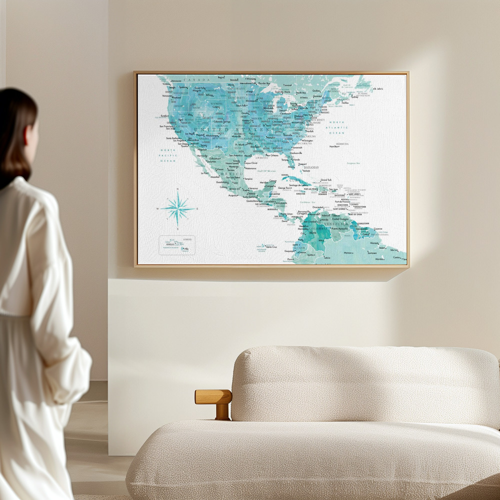Canvas print - Aquamarine map of USA and Mexico in the hall