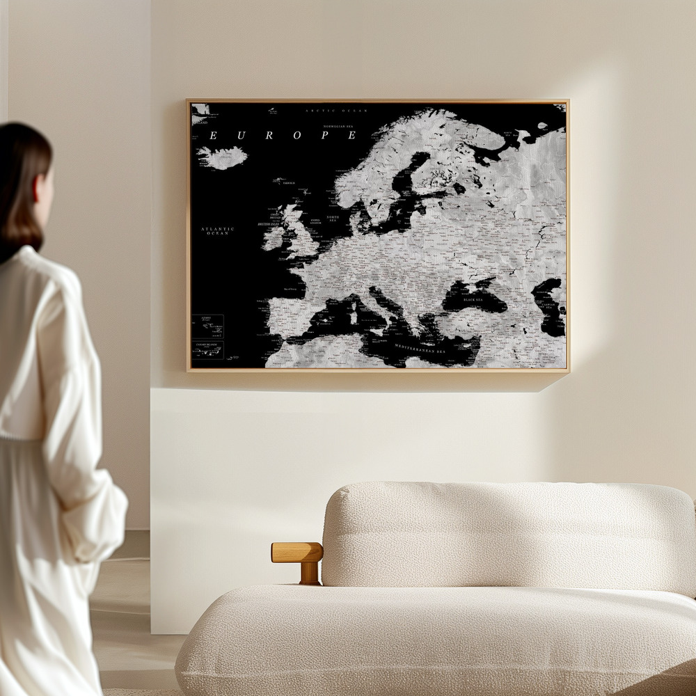 Canvas print - Black and grey detailed map of Europe in the hall