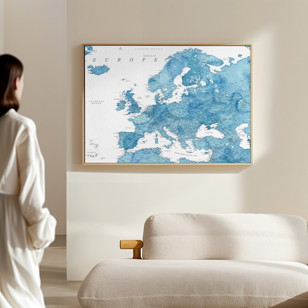 Canvas schilderi - Blue detailed map of Europe in de hal