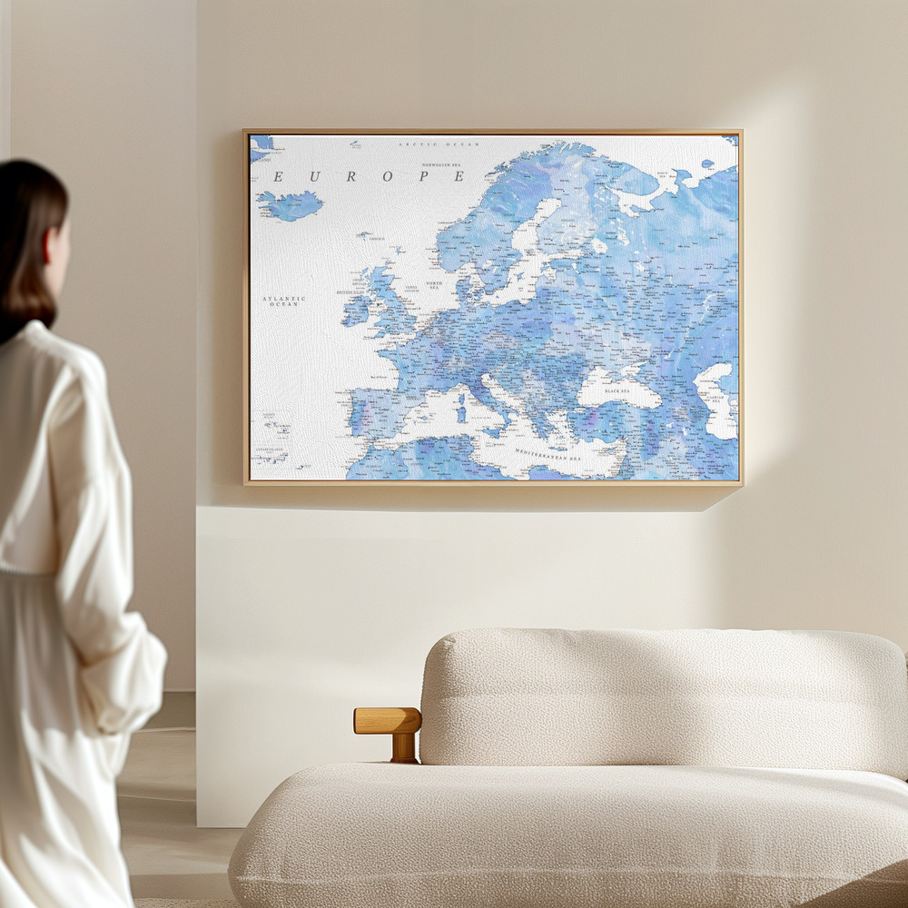 Canvas schilderi - Light blue watercolor detailed map of Europe in de hal