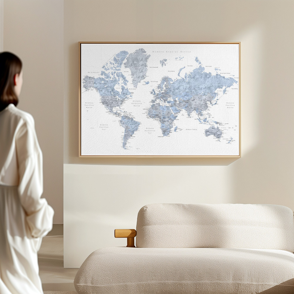 Toile - Blue world map in Spanish dans le hall