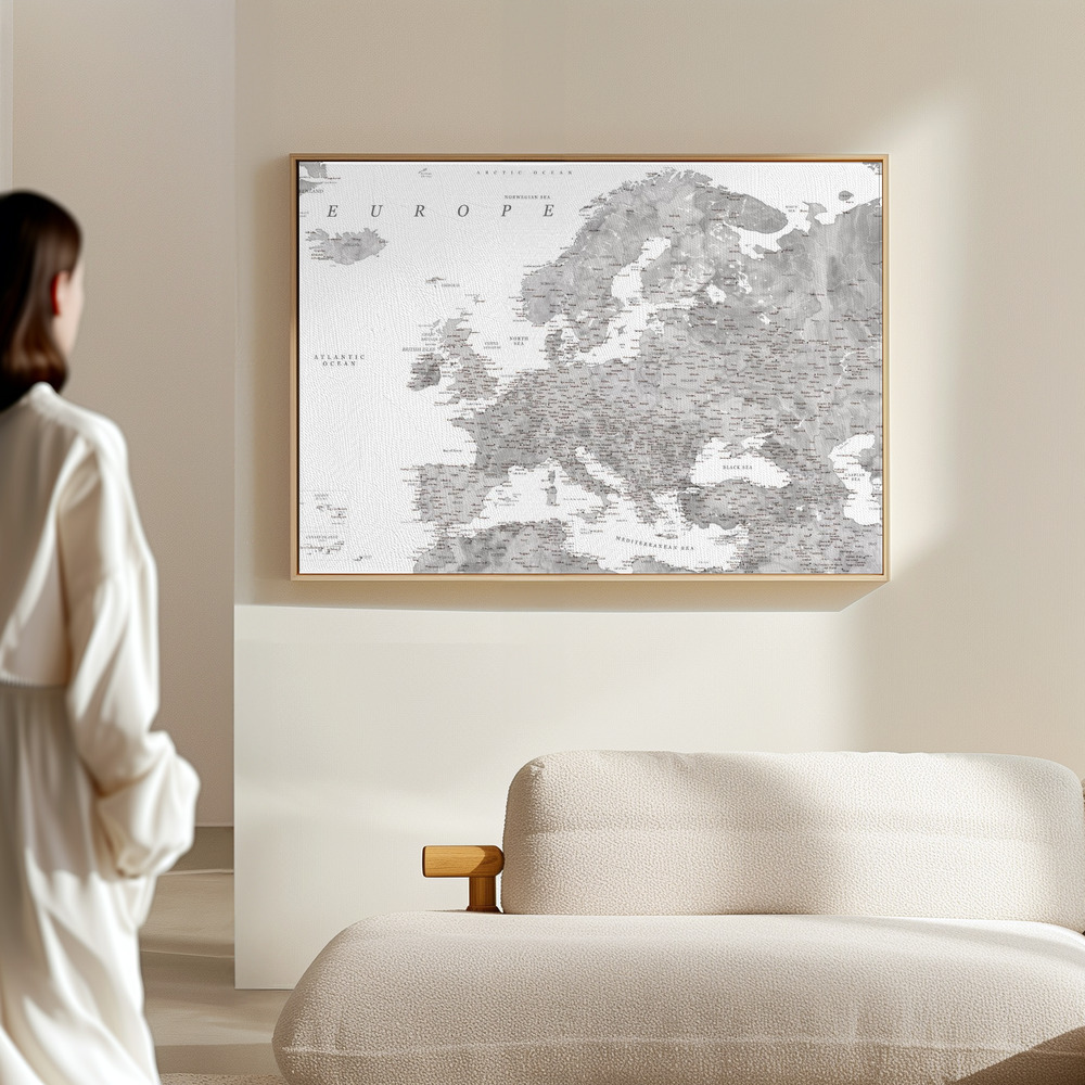 Toile - Gray watercolor Europe map dans le hall
