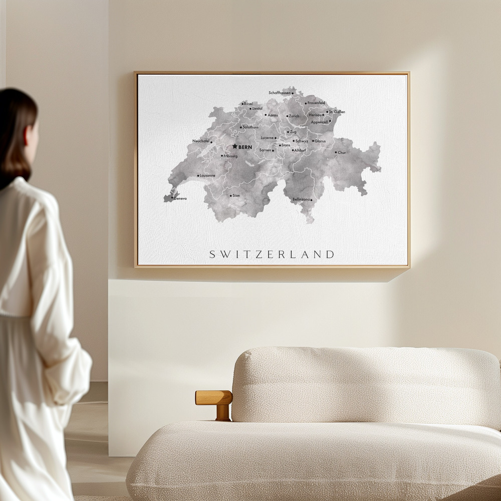 Canvas schilderi - Gray watercolor map of Switzerland in de hal