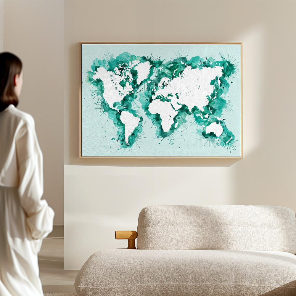 Toile - Teal strokes world map dans le hall