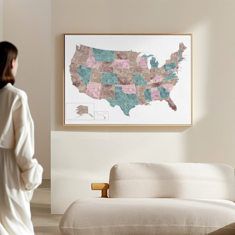 Toile - Pink and teal watercolor map of the US dans le hall