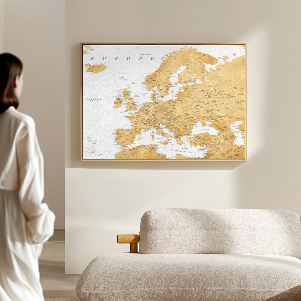 Toile - Golden detailed map of Europe dans le hall