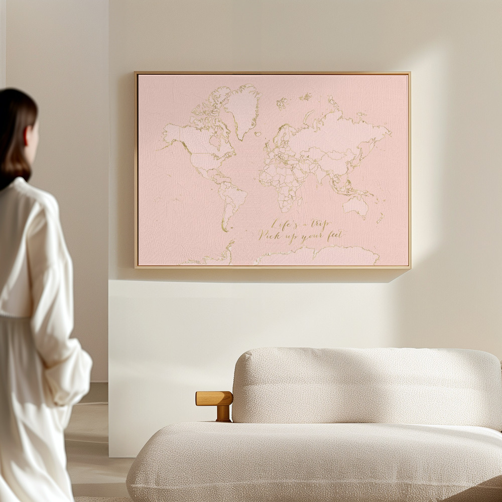 Toile - Inspirational pink and gold world map dans le hall