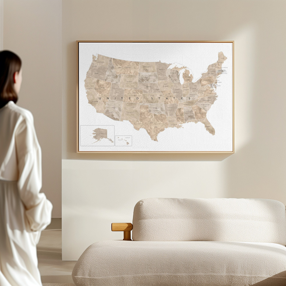 Canvas schilderi - Taupe watercolor US map in de hal