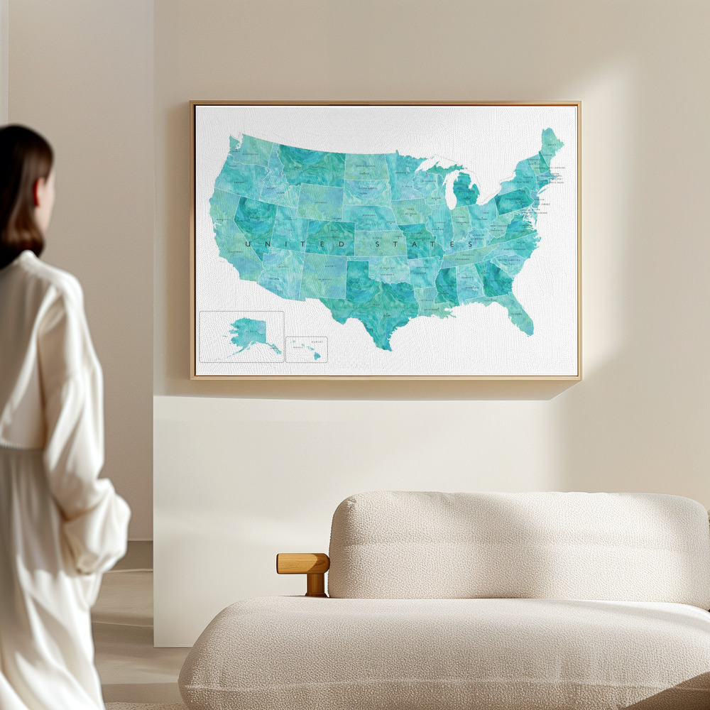 Toile - Aquamarine watercolor US map dans le hall